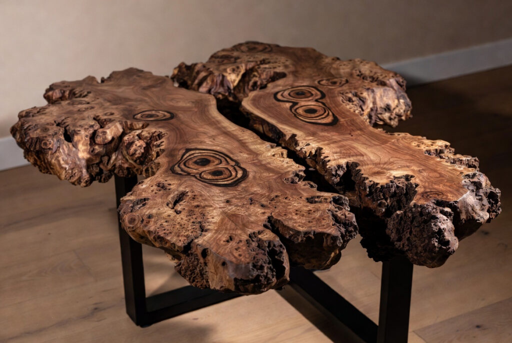 Unique walnut burl wood coffee table with natural swirling patterns 2026 artistic furniture