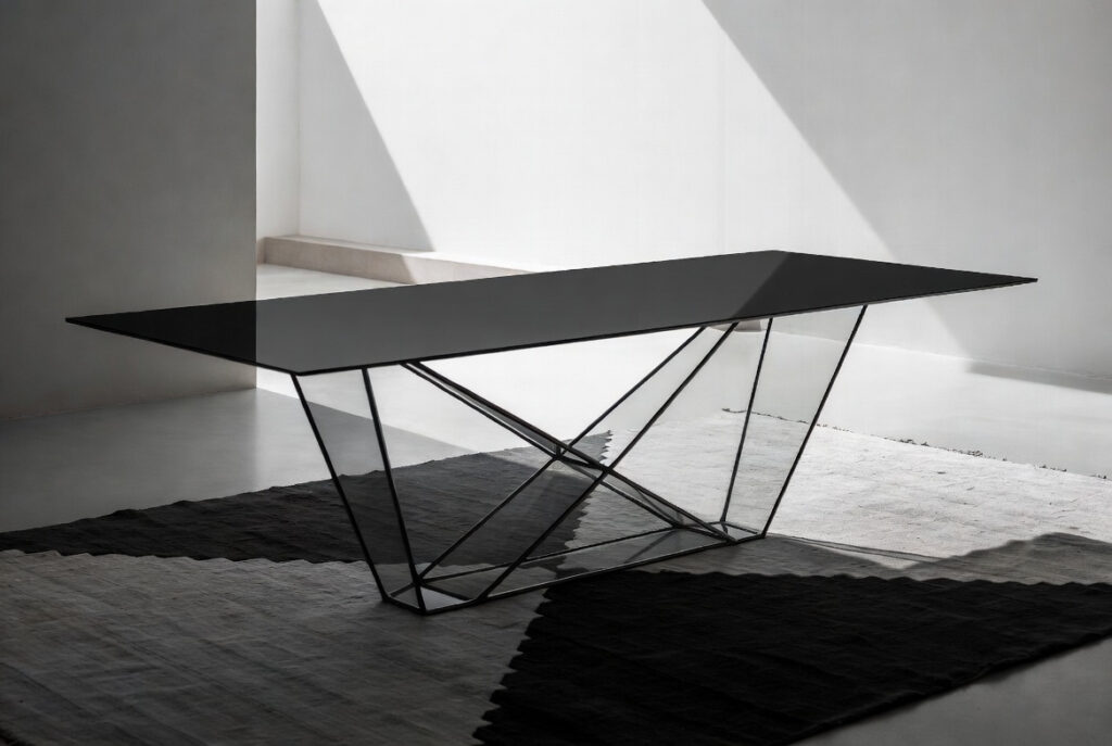 Minimalist dining table with open negative space base in 2026 luxury interior design letting patterned rug shine through