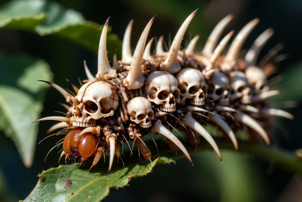 Close-up macro photo of the bizarre bone collector caterpillar camouflaged with tiny glued animal bones and skulls on a green leaf