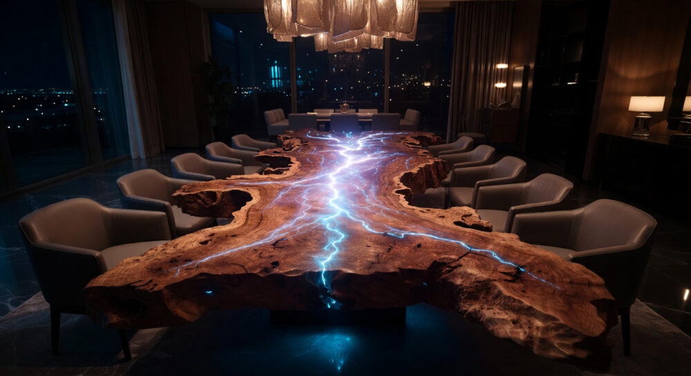 ive-edge walnut dining table with glowing embedded LED veins as futuristic centerpiece in luxurious 2026 modern dining room at night
