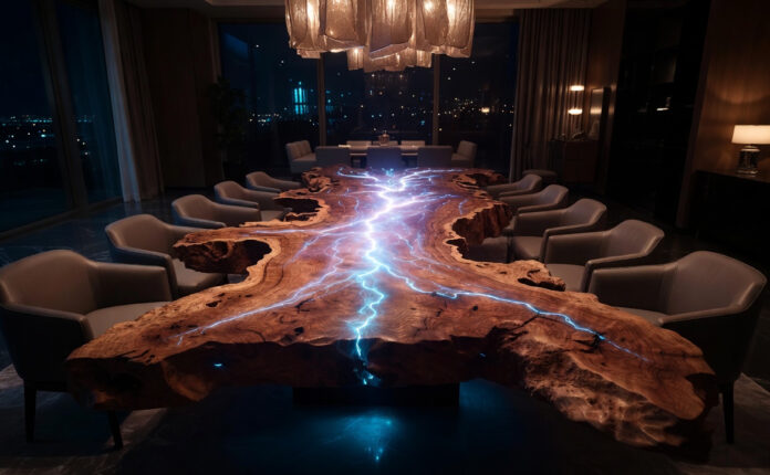 ive-edge walnut dining table with glowing embedded LED veins as futuristic centerpiece in luxurious 2026 modern dining room at night