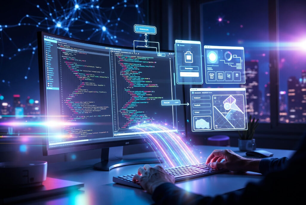 Futuristic 2026 AI coding interface auto-generating complete mobile app from natural language prompt on large curved monitor