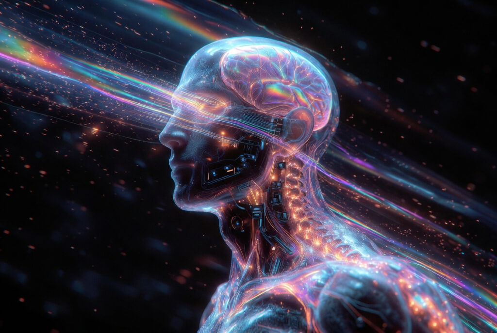 Cyberpunk profile of a human with glowing neural implants, holographic brain circuits, and colorful energy connections in sci-fi style