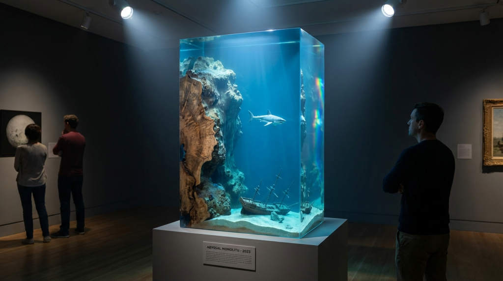Clear blue resin cube sculpture containing a miniature shark and shipwreck.