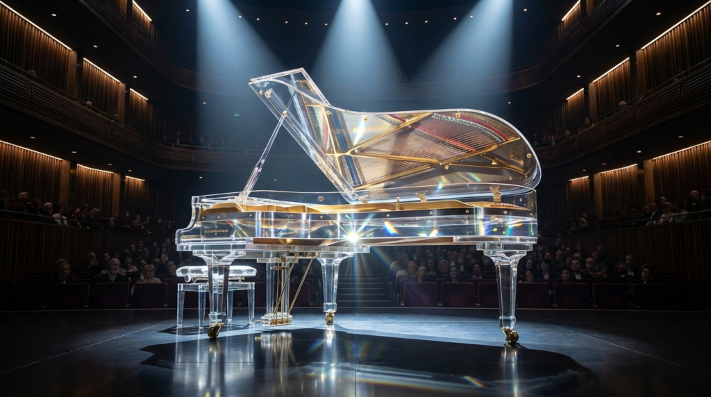Transparent epoxy resin grand piano showing internal gold mechanics.