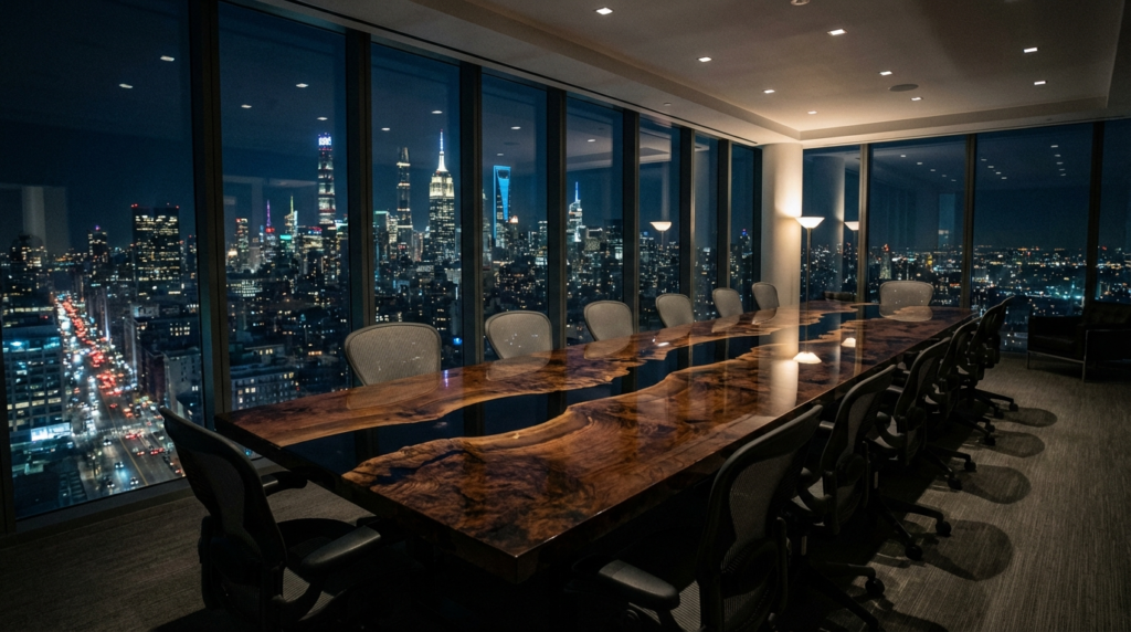 30-foot seamless burl wood and black resin boardroom table.