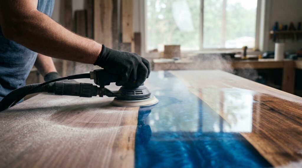 Artisan using an orbital sander on a resin table, showing the transition from cloudy resin dust to a highly polished mirror glaze.