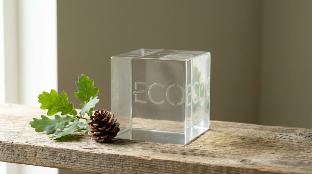 A block of perfectly clear, cured bio-resin sitting next to a pinecone and green leaves on a wooden table.