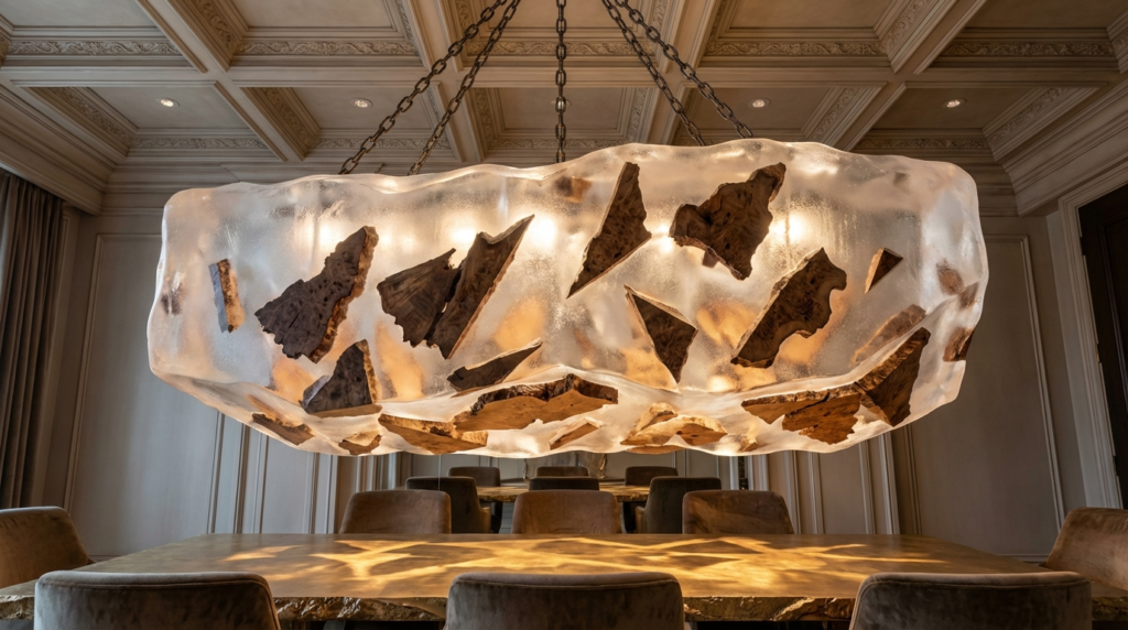 Large chandelier of shattered burl wood encased in frosted glowing resin.