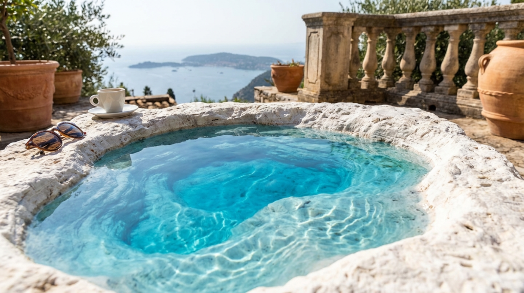 Carved marble coffee table with hyper-realistic blue resin ocean.