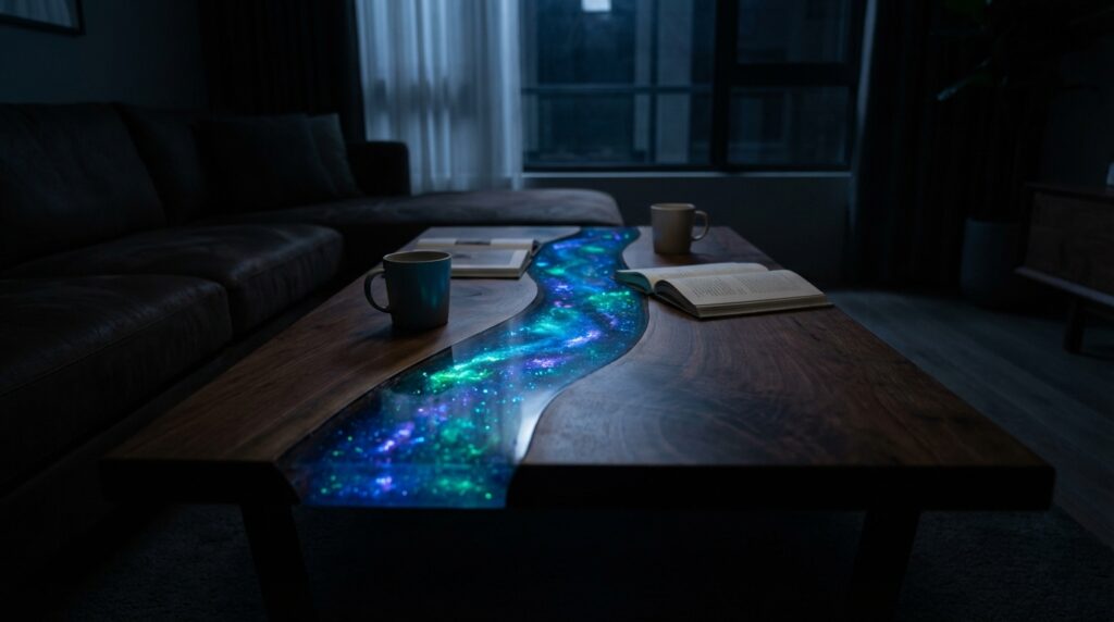 Dark walnut table glowing in a dim room, with swirling luminescent blue and green resin mimicking a deep space nebula.