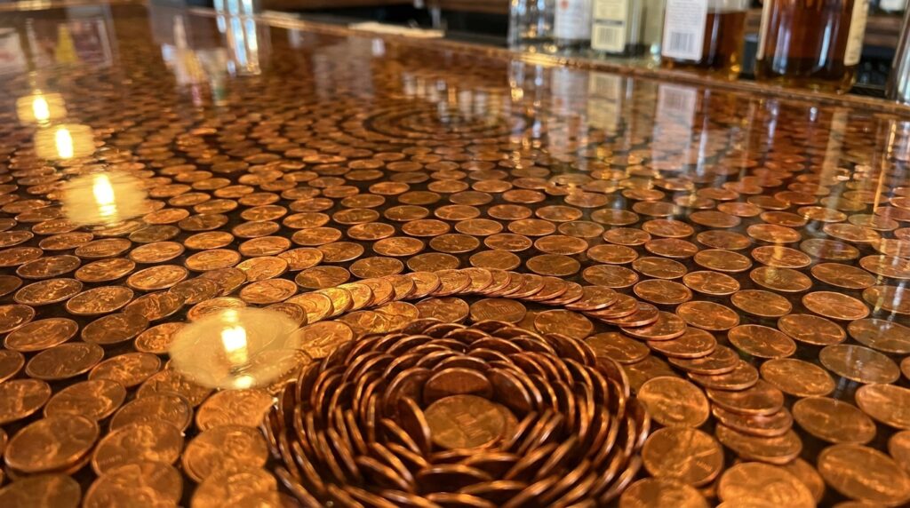 High-gloss bar top completely covered in tightly packed copper pennies arranged in geometric patterns beneath clear epoxy resin.