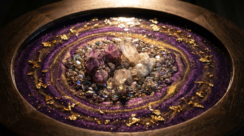 Dried ferns, mushrooms, and autumn leaves perfectly suspended inside a thick, crystal-clear block of epoxy resin.