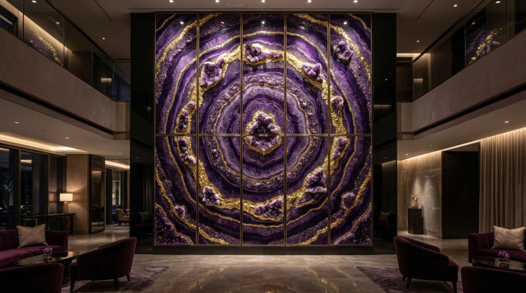 Luxury hotel wall art made of purple resin, amethyst, and gold leaf.