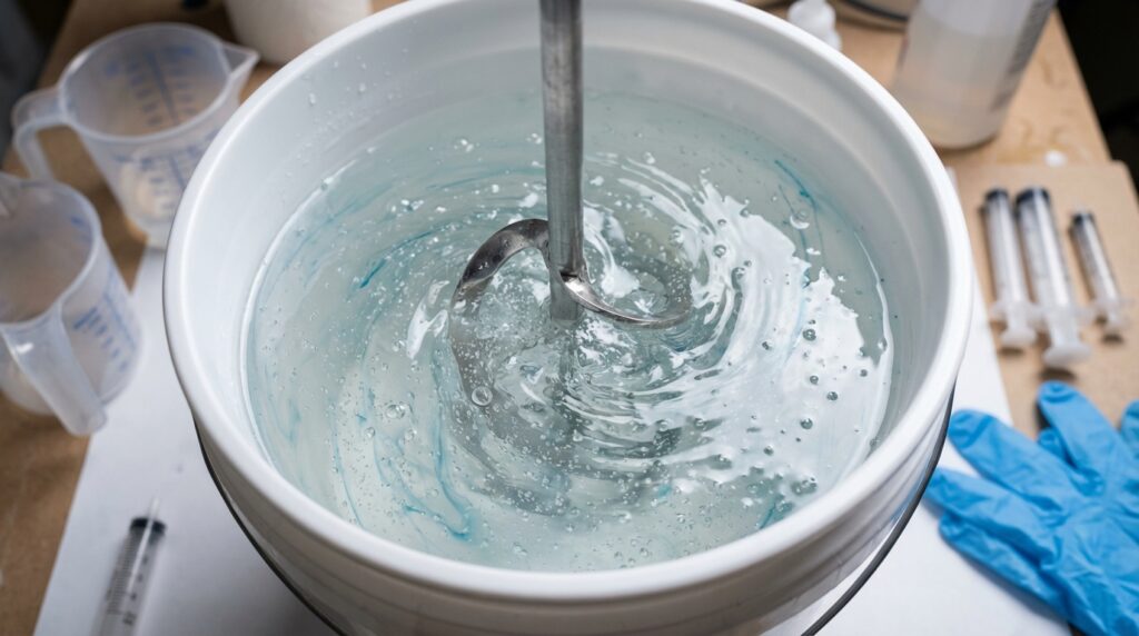 Close up of a mixing paddle stirring clear deep pour epoxy resin with blue tint and air bubbles in a white bucket.