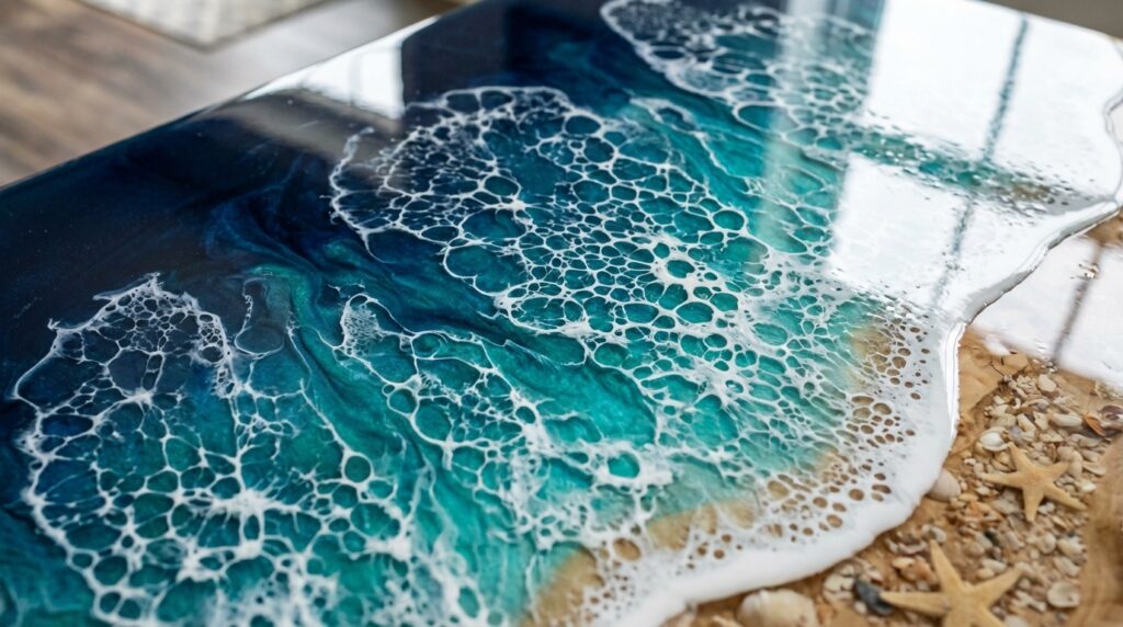 Hyper-realistic epoxy resin ocean table featuring deep blue water with intricate white seafoam lacing over sandy wood.