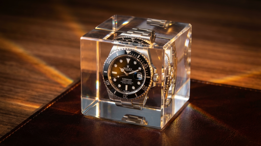 Authentic Rolex watch permanently frozen inside a clear resin cube.