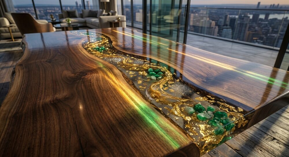 Luxury dark walnut river table with clear resin, gold leaf, and emeralds.