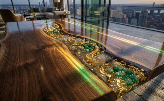 Luxury dark walnut river table with clear resin, gold leaf, and emeralds.