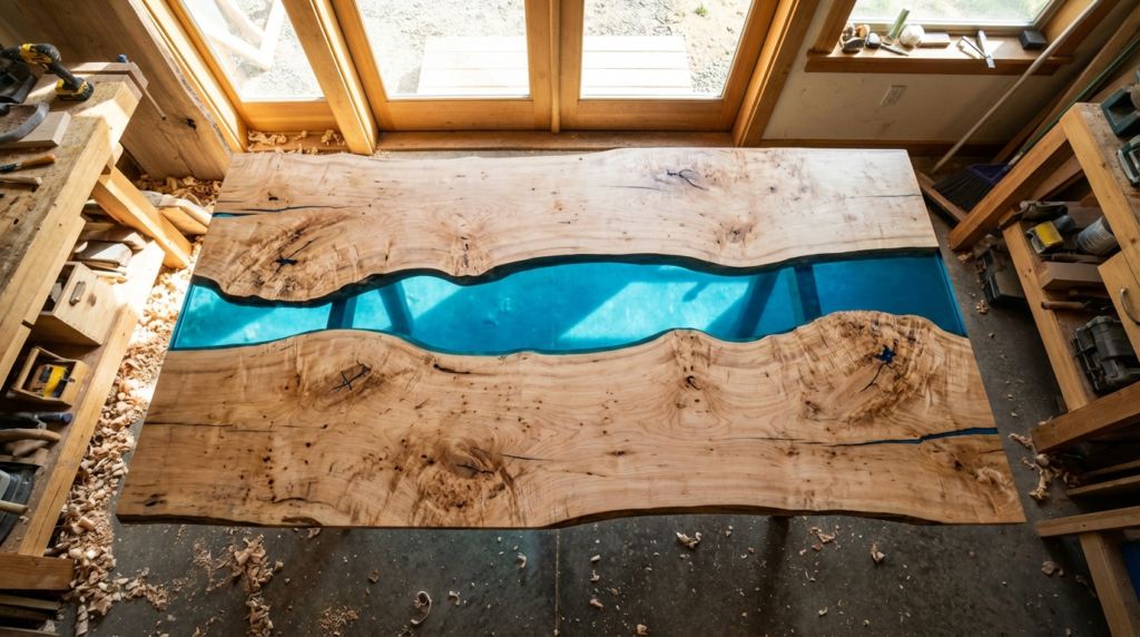 Top-down view of a live-edge maple and blue glass river table.
