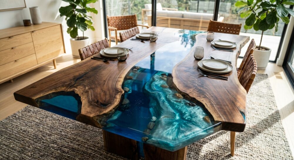Luxurious dark walnut dining table with a crystal-clear, deep blue epoxy resin river center in a modern sunlit room.