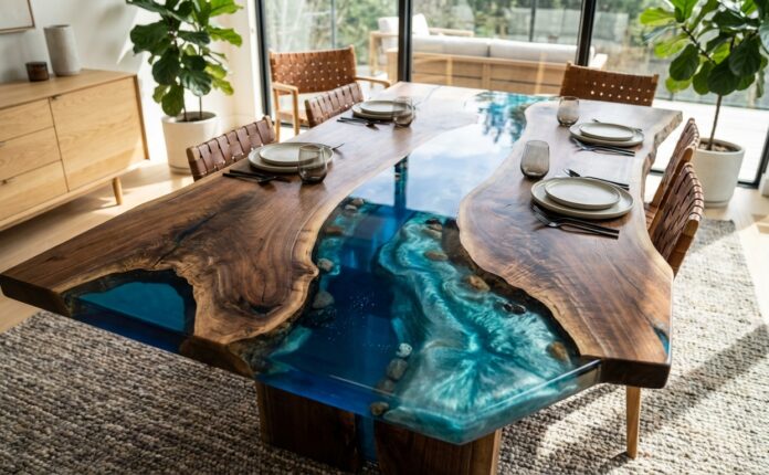 Luxurious dark walnut dining table with a crystal-clear, deep blue epoxy resin river center in a modern sunlit room.